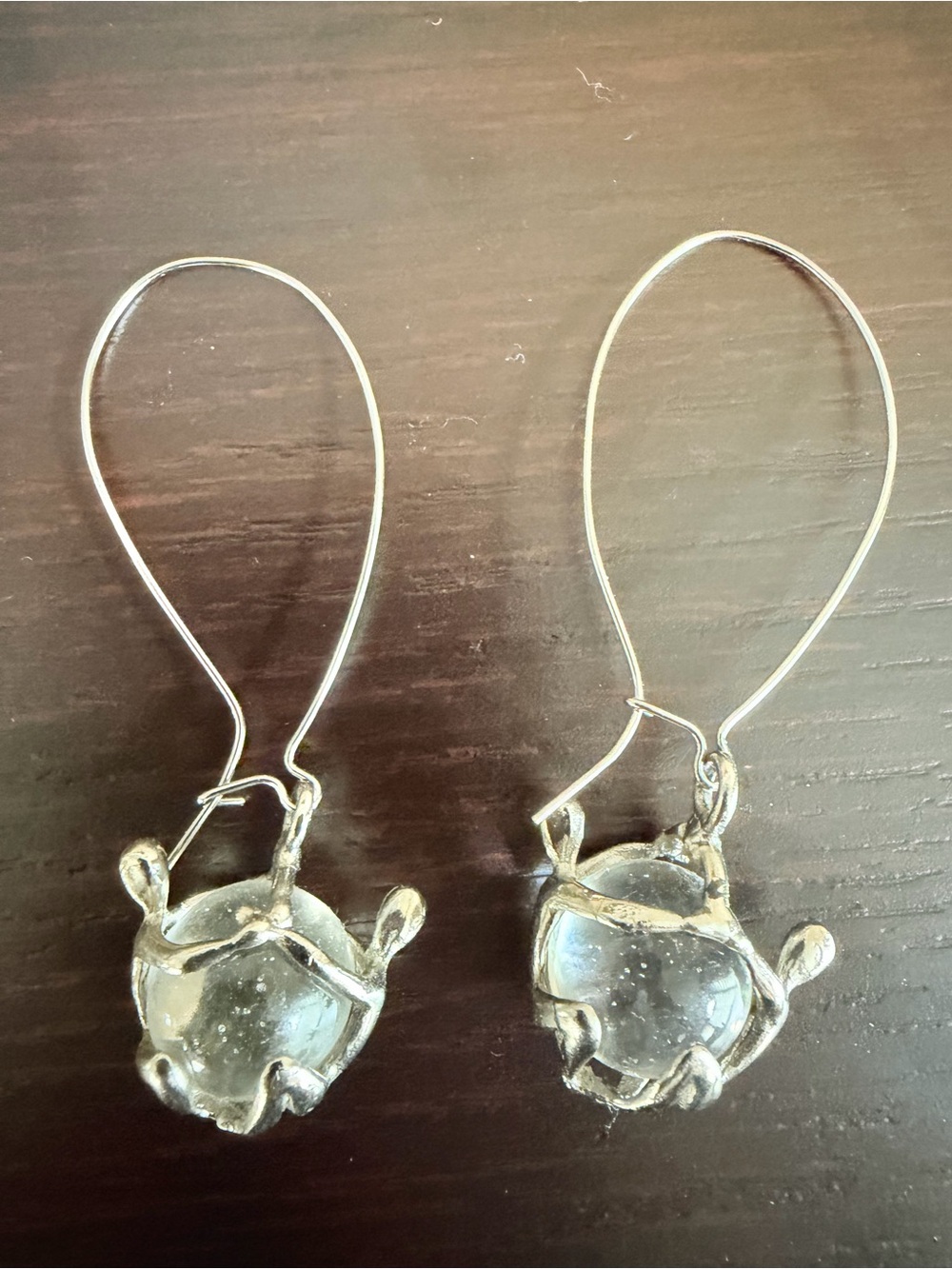 Vintage Pool of Light Style Figural Crystal Orb Dangle Earrings Silver Tone